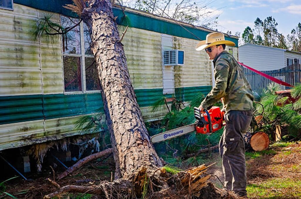Storm-damaged tree leaning against a residential home before emergency tree removal service in Kirkwood, MO.