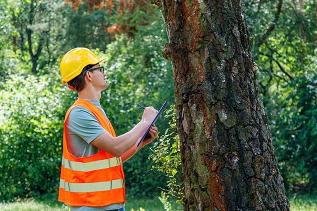Certified arborist inspecting a storm-damaged tree to evaluate safety risks and recommend professional tree care services in Kirkwood, MO.
