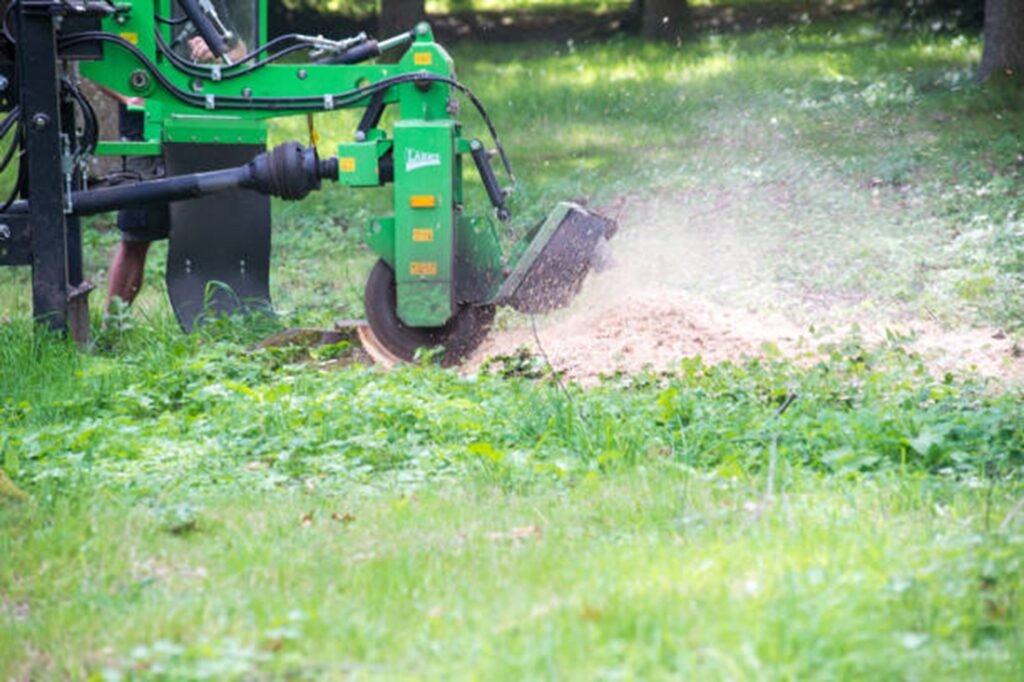 Professional stump grinding machine removing a tree stump below ground level during stump grinding and removal service in Kirkwood, MO.
